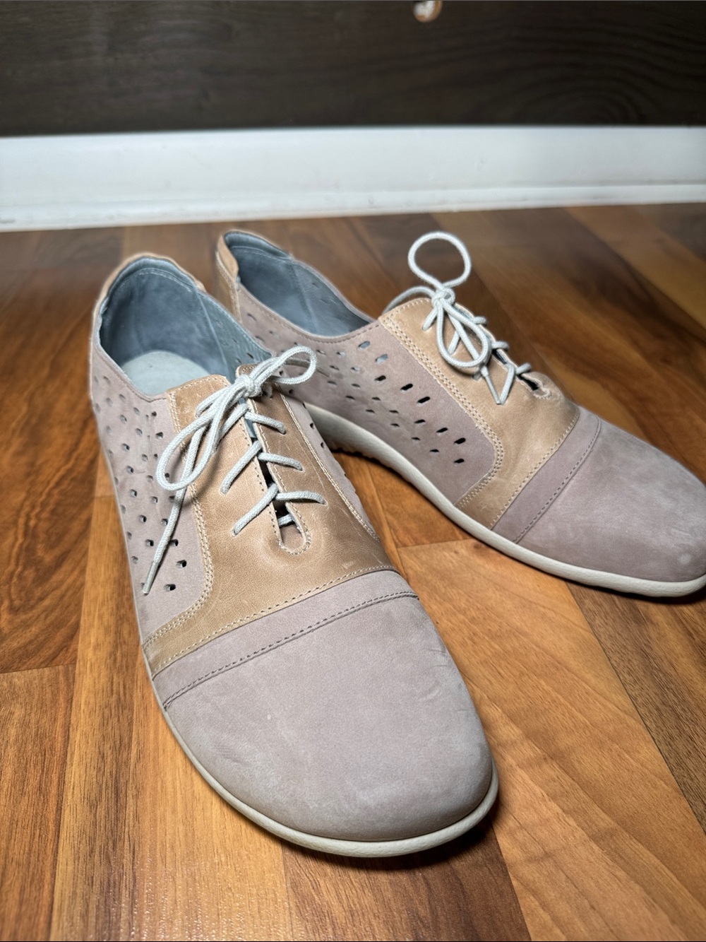 Naot Two-Tone Beige and Taupe Perforated Lace-Up Oxfords
